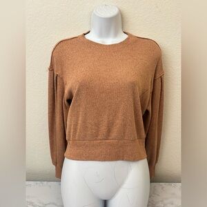 Juniors SO Cropped Sweater Tan Brown Crew Neck Women's Size S Ribbed Pullover